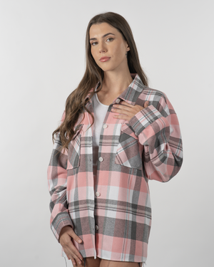 "Comfy" Flannel Shacket - Pink/Grey