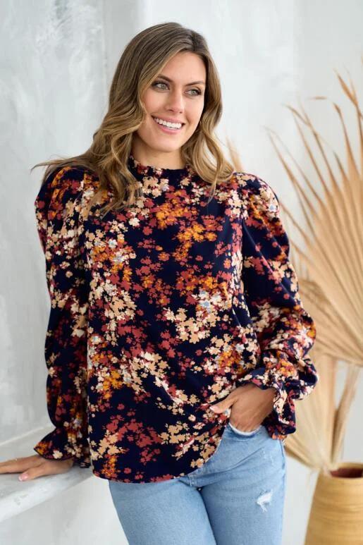 Parsley Puff Long Sleeve Ruffle Top - Navy
