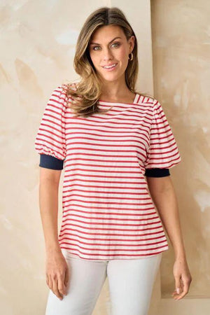 Petronilla Striped Puff Sleeve Top - Red