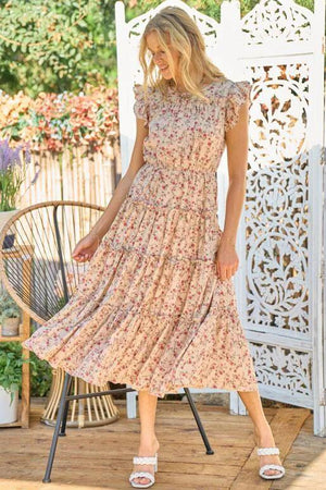 Malibu Floral Printed Tiered Maxi Dress - Taupe