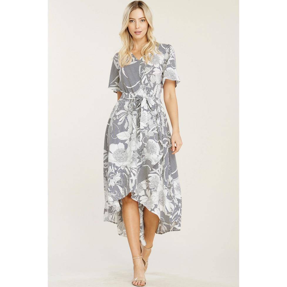 River Printed Stripe & Floral Hi-Low Dress - Navy