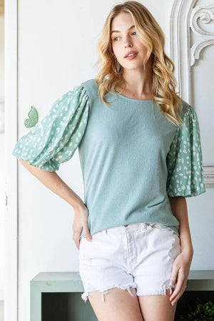 Harlyn Knit Top With Contrast Puff Sleeve - Sage