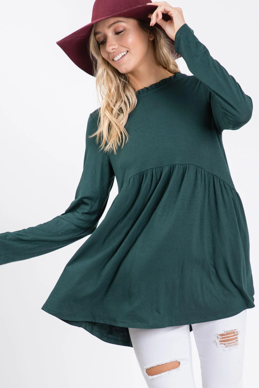 Barkley Ruffle Mock Neck Baby Doll Top - Hunter Green