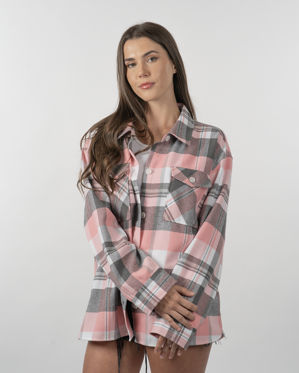 "Comfy" Flannel Shacket - Pink/Grey