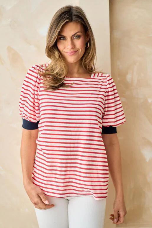 Petronilla Striped Puff Sleeve Top - Red