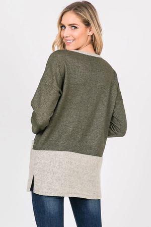 Nancy Color Block French Terry Long Sleeve Top - Olive