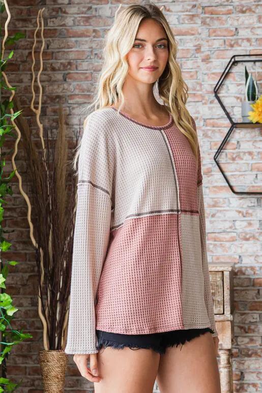 Ambrose Color Block Waffle Knit Top - Taupe
