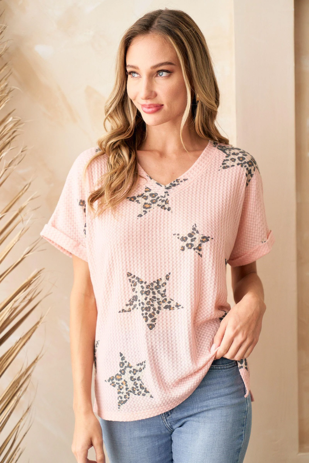 Mira Star Printed Waffle V-Neck Short Sleeve - Blush