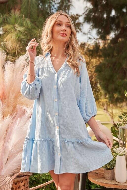 Trinity Shift Short Sleeve Dress - Sky Blue