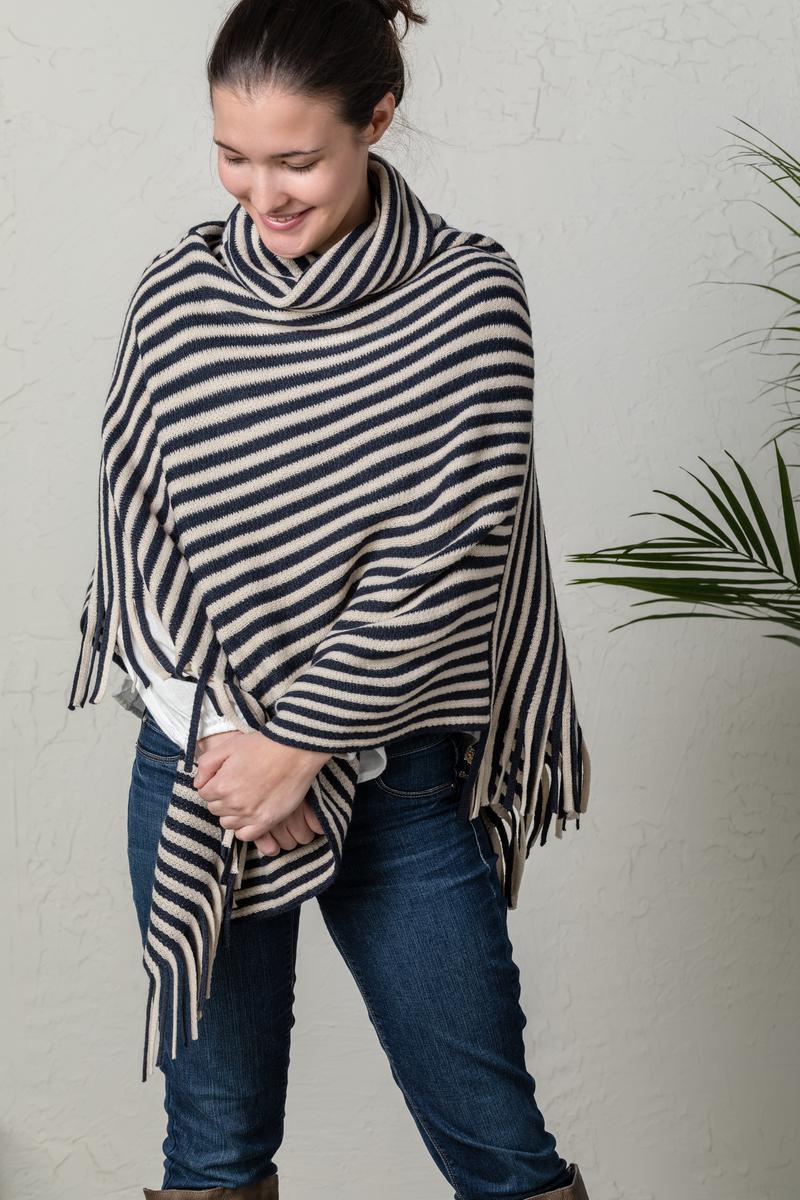Cowl Neck Poncho - Navy and Cream