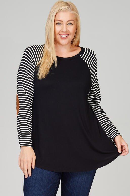 Quinn Plus Size Raglan Strip Long Sleeve with Suede Elbow Patch
