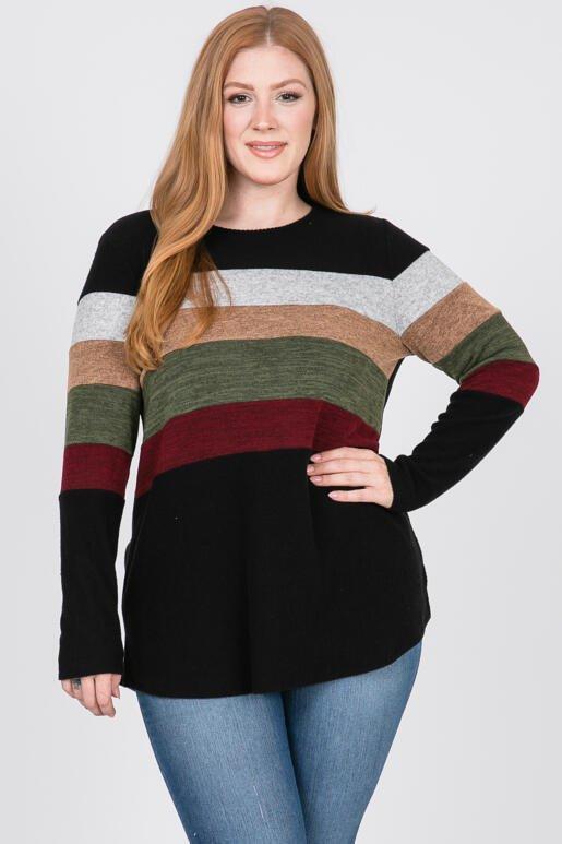 Luna Plus Size Color Block Long Sleeve Top - Black