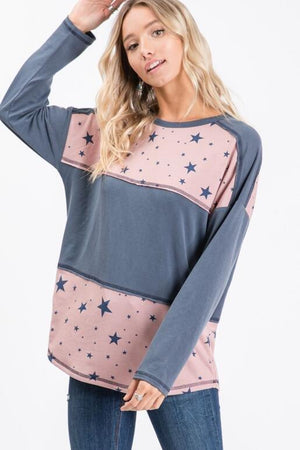 Amora French Terry Star Print Top - Navy