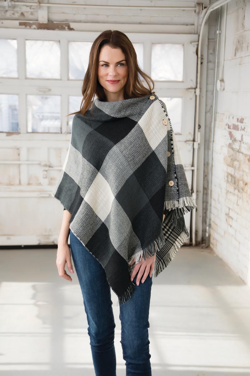Gray/Black Plaid Reversible Button Poncho