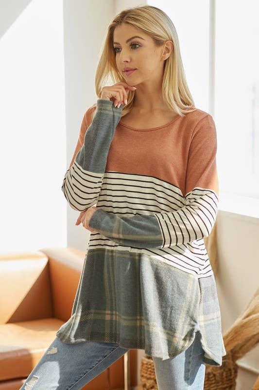 Brushed Plaid Colorblock Top - Rust/Teal