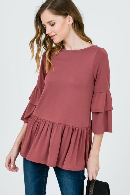 Layla Peplum Top with Ruffle Sleeves - Mauve