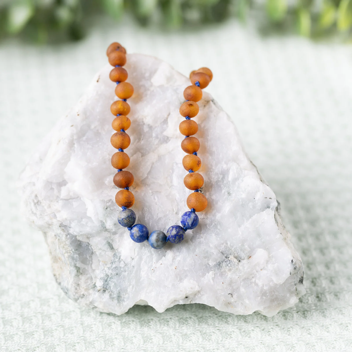 Kids "Grow With Me" Baltic Amber Necklace Set  / Baby to Toddler - Raw Lapis Lazuli + Raw Cognac
