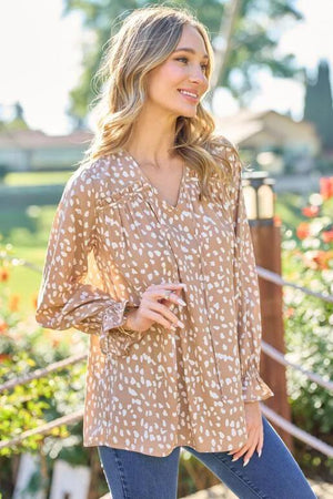 Elvera Spot Print Long Sleeve Blouse - Tan