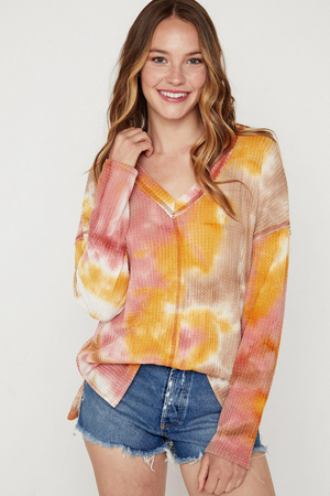 Jasper Tie-Dye Waffle Long Sleeve Top - Rust