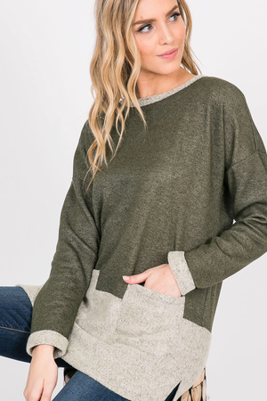 Nancy Color Block French Terry Long Sleeve Top - Olive