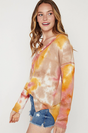 Jasper Tie-Dye Waffle Long Sleeve Top - Rust