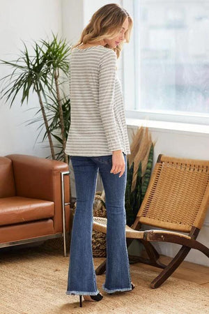 Frannie Stripe Round Neck Long Sleeve Top - Heather Grey