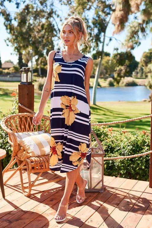 Nila Stripe with floral print dress - Navy