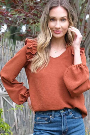 Dusti Long Sleeve V-Neck Blouse - Rust Brown