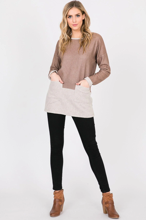 Nancy Color Block French Terry Long Sleeve Top - Mocha