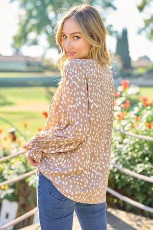 Elvera Spot Print Long Sleeve Blouse - Tan