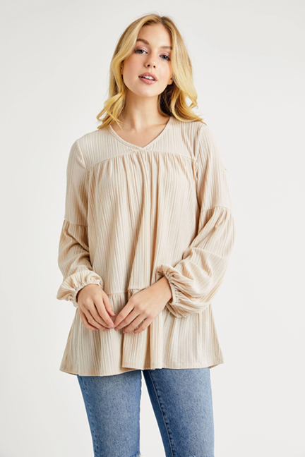 Nally Babydoll V-Neck Blouse - Taupe