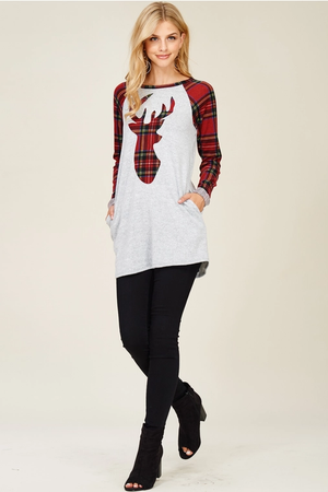 Caribou Raglan Sleeve Top - Reindeer Red Plaid