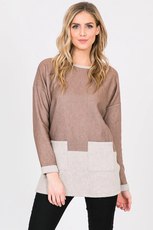 Nancy Color Block French Terry Long Sleeve Top - Mocha