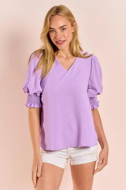 Delta V-Neck Blouse with Smocked Sleeve Detail - Lilac