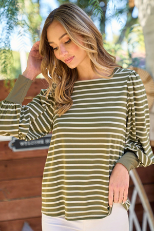 Ashley Stripe Boat Neck Top - Olive