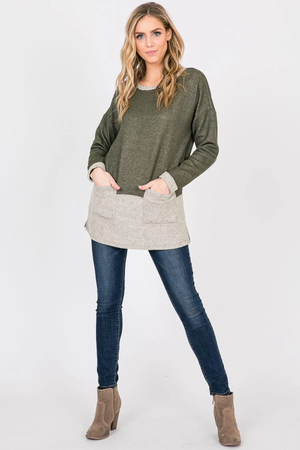 Nancy Color Block French Terry Long Sleeve Top - Olive