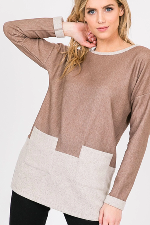 Nancy Color Block French Terry Long Sleeve Top - Mocha