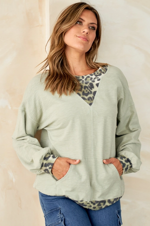 Pattie Slub Knit Animal Print Long Sleeve Top - Sage