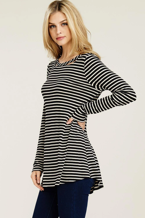 Frannie Stripe Round Neck Long Sleeve Top - Black/Oatmeal