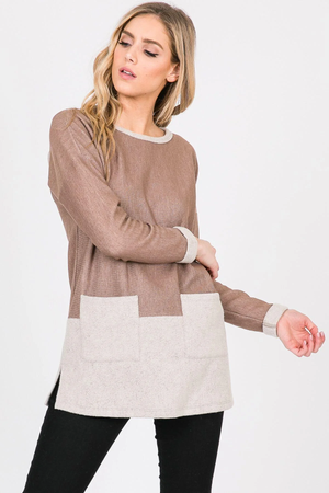 Nancy Color Block French Terry Long Sleeve Top - Mocha