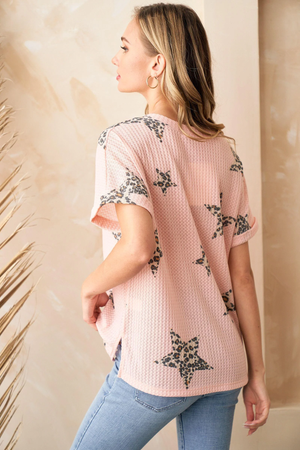 Mira Star Printed Waffle V-Neck Short Sleeve - Blush
