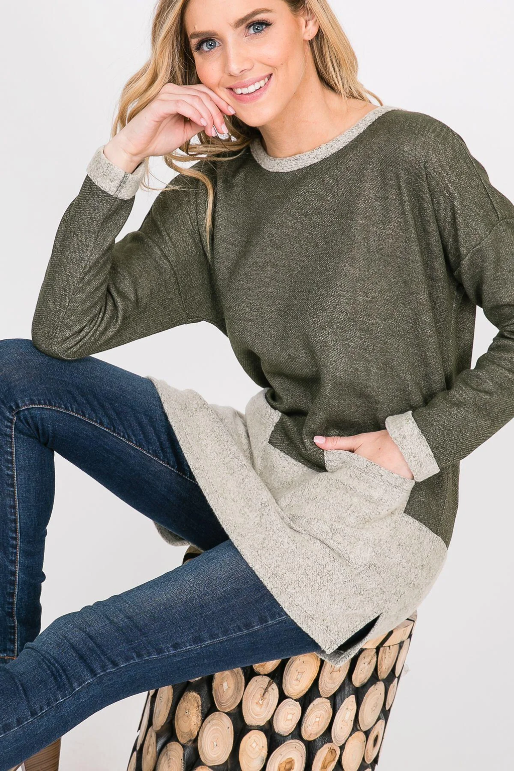 Nancy Color Block French Terry Long Sleeve Top - Olive