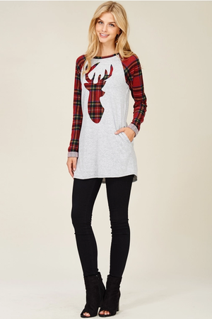 Caribou Raglan Sleeve Top - Reindeer Red Plaid