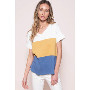 Iva Color Block Slub Jersey Top - Blue