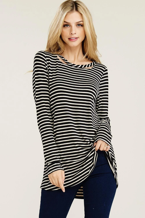 Frannie Stripe Round Neck Long Sleeve Top - Black/Oatmeal