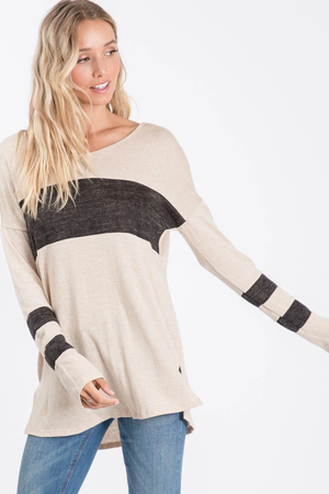 Nettie Melange Color Block Top - Taupe