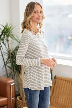 Frannie Stripe Round Neck Long Sleeve Top - Heather Grey