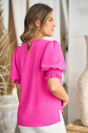 Delta V-Neck Blouse with Smocked Detail Sleeve - Hot Pink