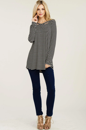 Frannie Stripe Round Neck Long Sleeve Top - Black/Oatmeal