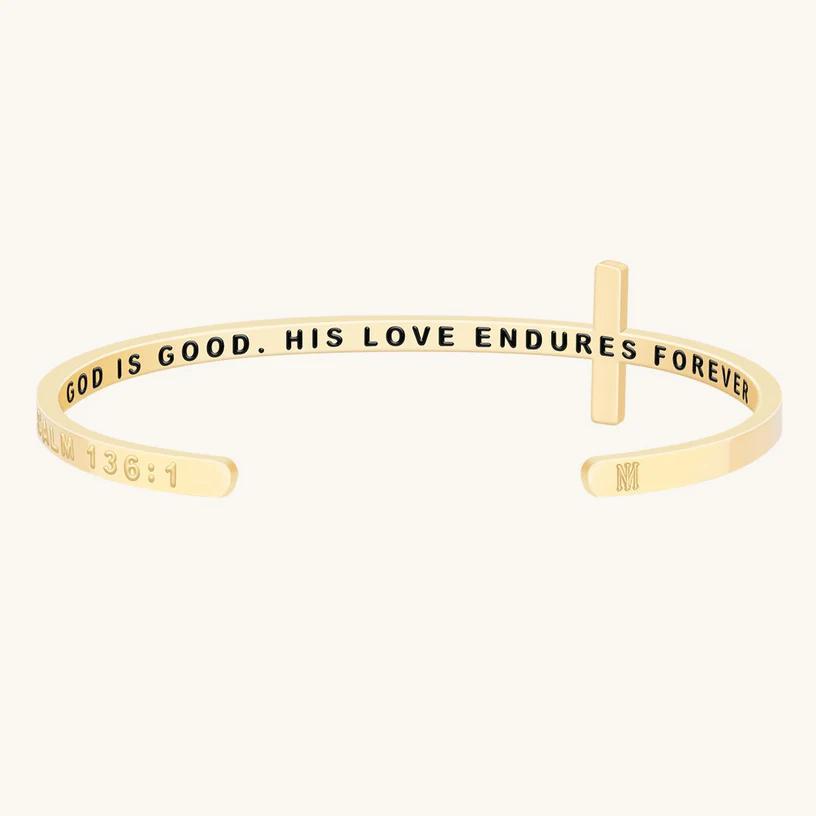 Cross Bracelet - God is Good, His Love Endures Forever (Psalm 136:1)